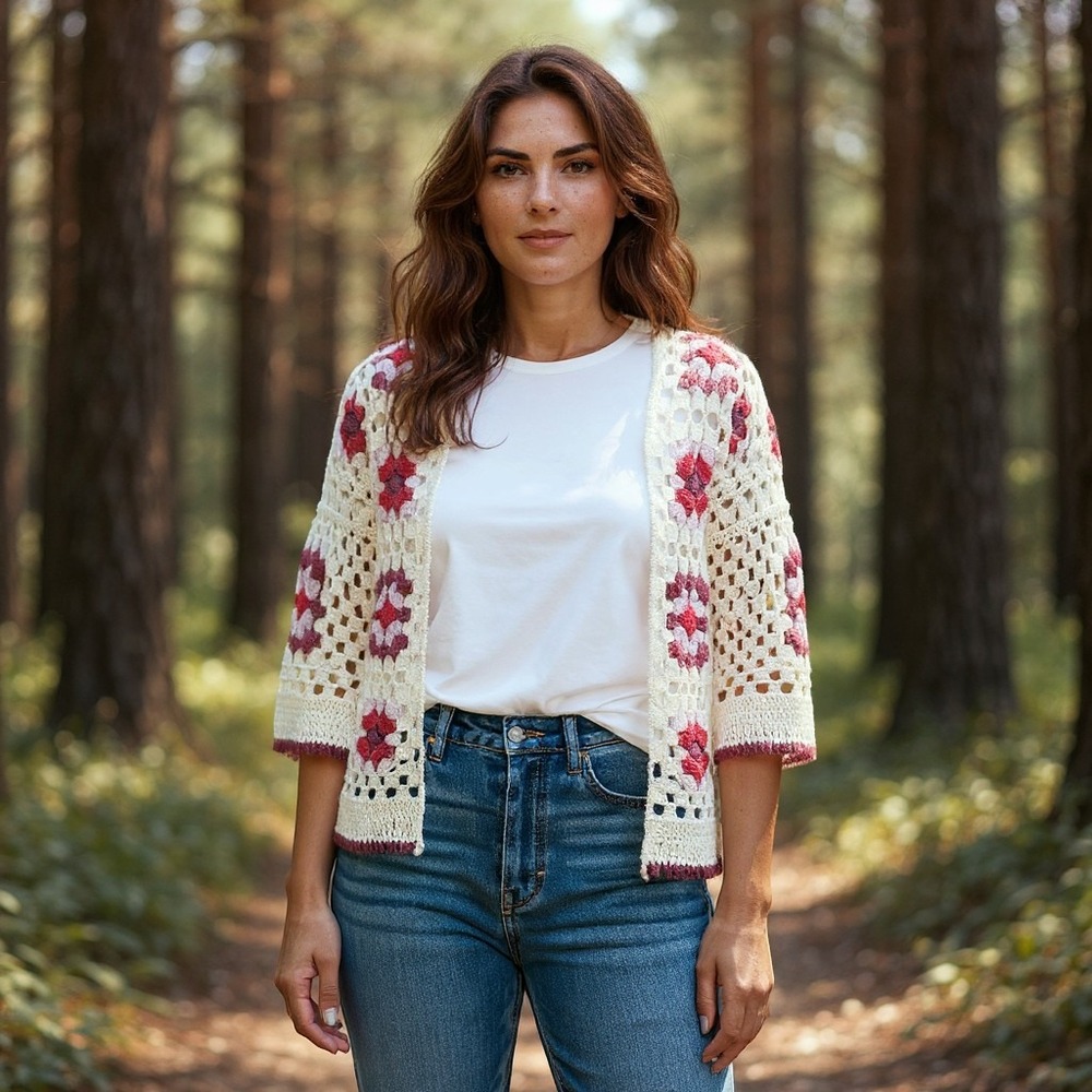 Wild Fable Crochet Granny Square Cardigan Overshirt Cream Floral Small